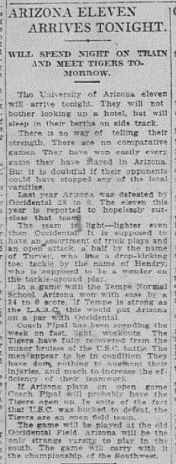 An article in the Los Angeles Times that reports on Arizona's arrival for the game with Occidental on Nov. 7, 1914 