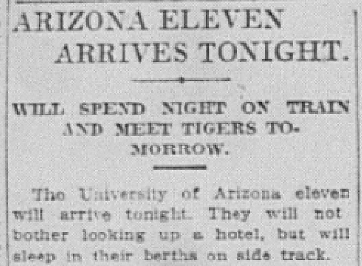 An article in the L.A. Times published on Nov. 6, 1914, previewing Arizona's monumental game with Occidental. The "Varsity" slept on a train that night before playing the mighty Tigers.