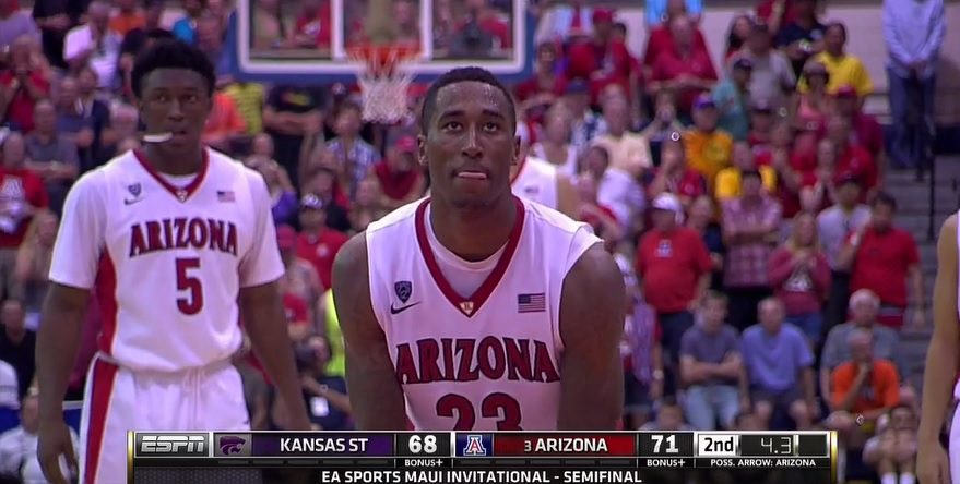 Rondae Hollis-Jefferson lines up one of his game-saving free throws in Arizona's win over Kansas State in the Maui Invitational semifinals Tuesday (ESPN screen shot)