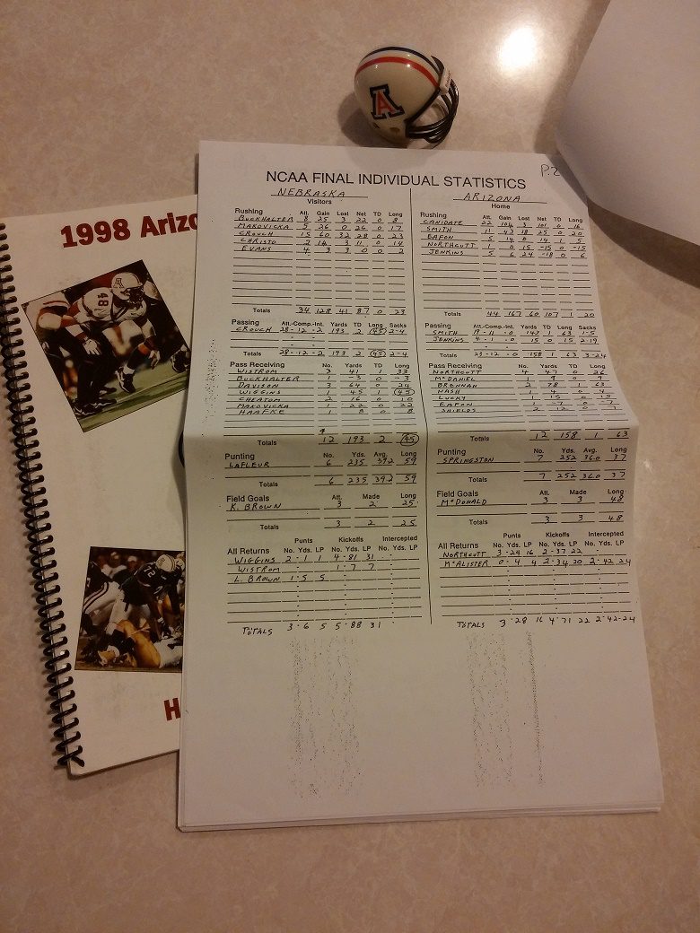 Top names from Arizona's past including Chris McAlister, Dennis Northcutt and Trung Canidate shown here on the handwritten 1998 Holiday Bowl individual statistics report (Javier Morales/AllSportsTucson.com)