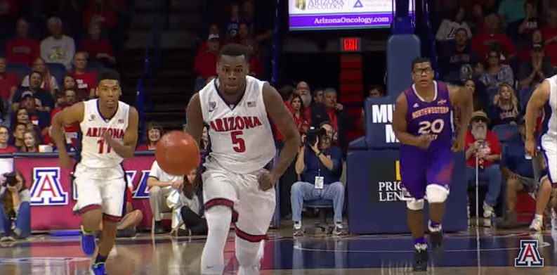 Kadeem Allen leads a break after one of his three steals last night i the victory over Northwestern State (Arizona Basketball YouTube video capture)