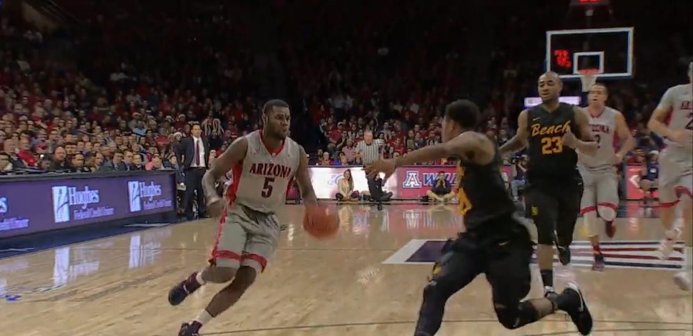 Kadeem Allen exemplifies Arizona's aggressive ability of taking the ball to the hoop, drawing fouls, against Long Beach State in transition (YouTube video)