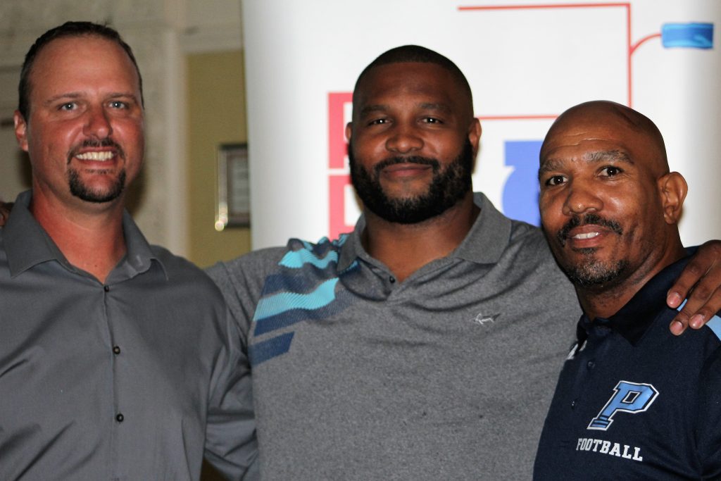 Former UA players Scott McKee (left) & Brandon Sanders joined Lance Briggs. McKee coaches at Sahuaro and Sanders coaches at Pueblo. (Andy Morales/AllSportsTucson.com)
