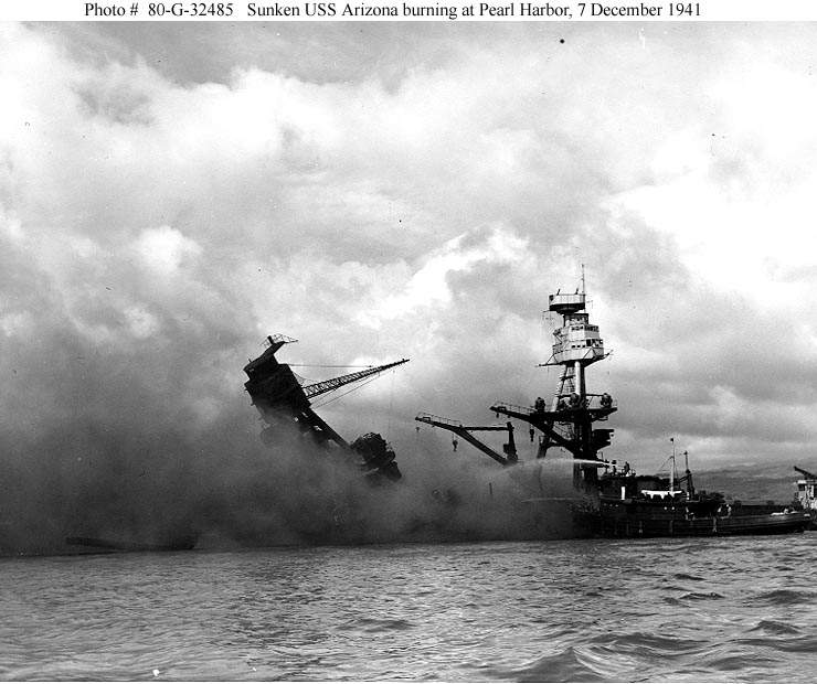 The USS Arizona after it was struck and sunk (NavSource.org photo)