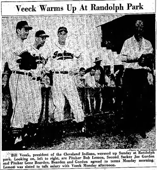 Tucson CItizen clipping of Bill Veeck standing with some Indians out the outset of the 1949 spring training season following the Indians' World Series title 