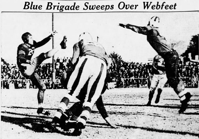 1937 clipping from Arizona Republic shows the Wildcats' George Wendell Rogers attempting to block a punt in what would be Tex Oliver's last game as the Wildcats' head coach 