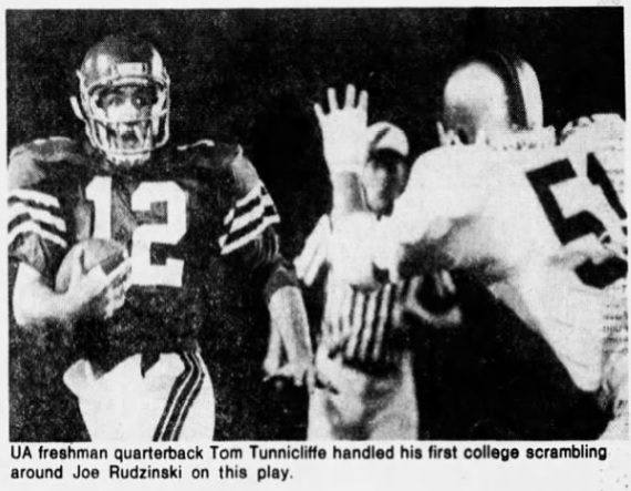 An Arizona Republic clipping from Arizona's 20-3 loss to Notre Dame in 1980, the first start in the career of Tom Tunnicliffe (12) as a true freshman. Look at his wide eyes.