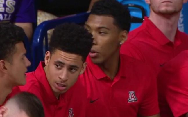 Chance Comanche and Allonzo Trier watched Tuesday's exhibition from the bench (Pac-12 Networks screen shot)