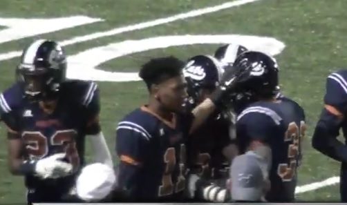 Braebon Bolton is congratulated by Jamarye Joiner (11) and other Cienega teammates after scoring on a 48-yard punt return for a TD in the third quarter (YouTube video screen shot)