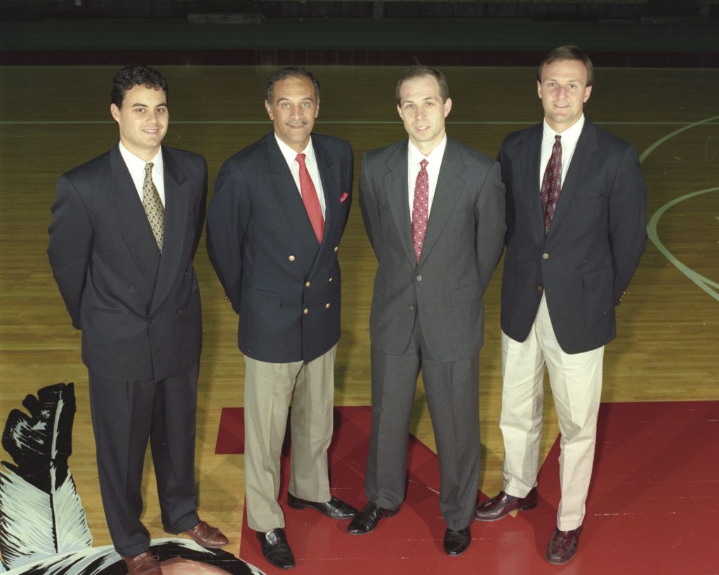 Sean Miller, far left (to right), standing with Charlie Coles, Herb Sendek and Thad Matta (Miami University photo)