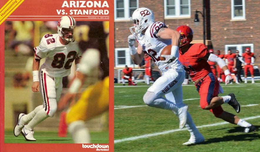 Jay Dobyns (left) during his Arizona career and Jack Dobyns as a junior this season at Chadron (Neb.) State (Dobyns family photos)