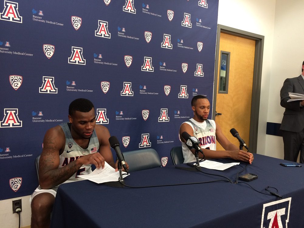 Kadeem Allen (left) and Parker Jackson-Cartwright talk about the win over Northern Colorado